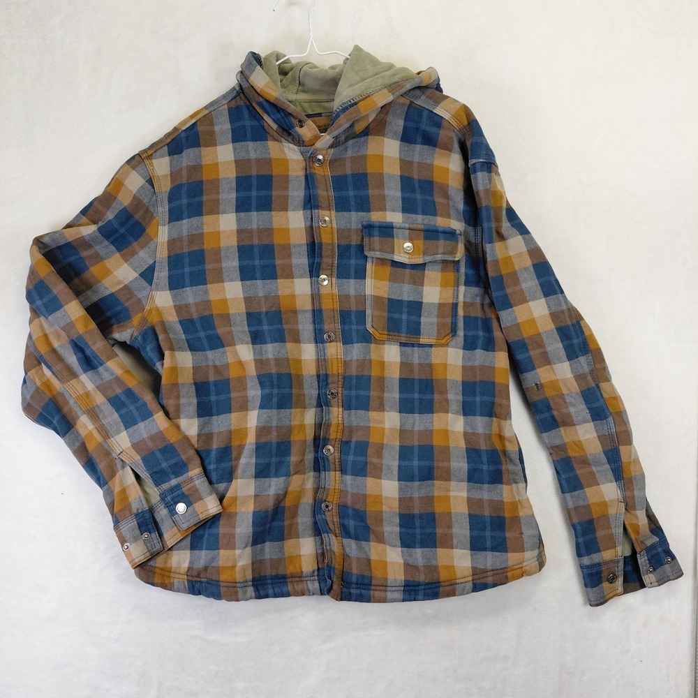 Lucky Brand Mens XL Hooded Plaid Shacket Fleece Lined Blue Mustard Yellow Jacket
